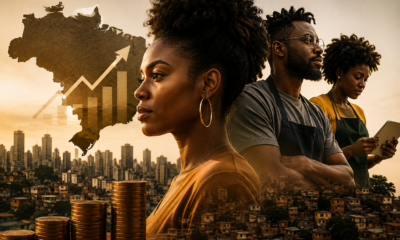 Profissionais negros brasileiros atuando em áreas como saúde, tecnologia, empreendedorismo, comércio e construção civil, representando a força da economia negra no Brasil.